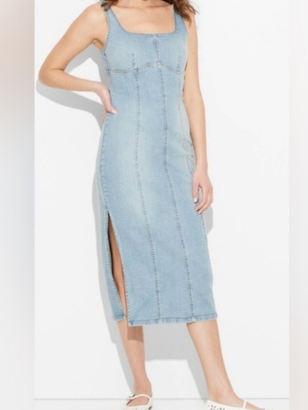 Wild Fable Light Blue Denim Midi Bodycon Dress with Side Slit. Y2K. Casual Chic.